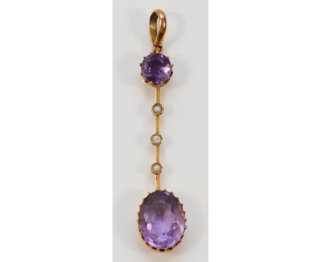 A Victorian gold amethyst and seed pearl pendant, 45mm, 2.6g