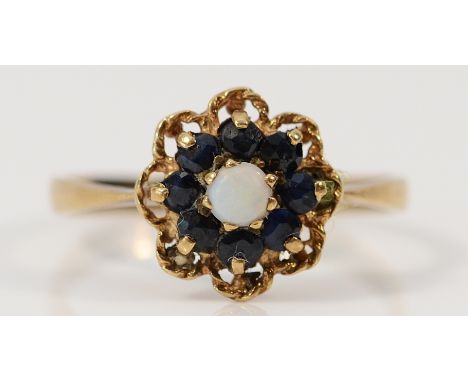 A 9ct gold sapphire and opal cluster ring, O, 1.6g