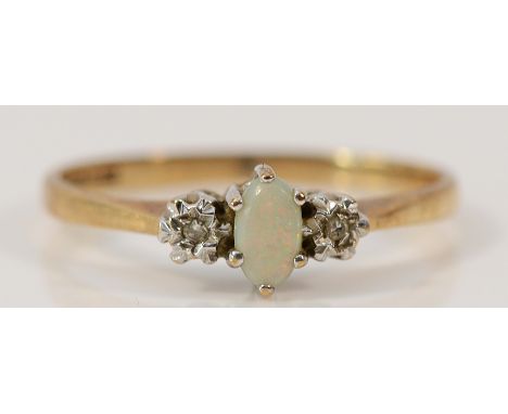 A 9ct gold opal and diamond three stone ring, P, 1.6g
