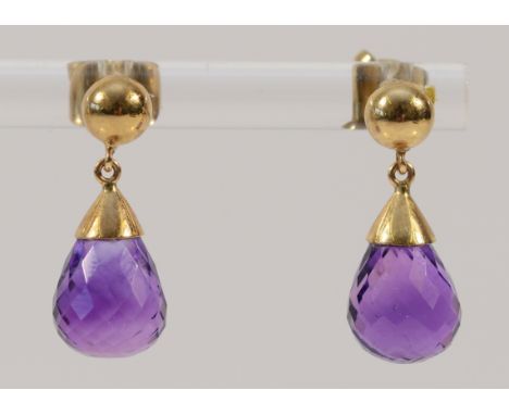 A pair of 9ct gold amethyst drop earrings with scroll backs, 2.6g