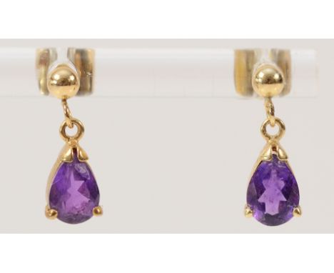 A pair of 9ct gold amethyst drop earrings with scroll backs, 1.2g