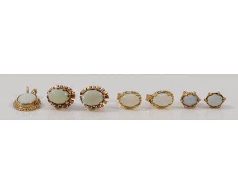 Three pairs of 9ct gold opal earrings with scroll backs together with a 9ct gold opal pendant, 3.9g