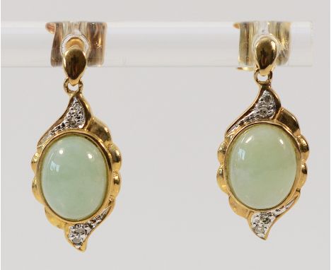 A pair of 9ct gold diamond and jade drop earrings with scroll backs, 22mm, 3.1g