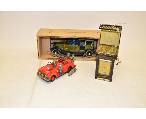 Regulo Tin Money Bank, Japanese Fire  Engine and Clockwork Car, A pre-war printed tin Regulo 'Junior' radiation cooker money 