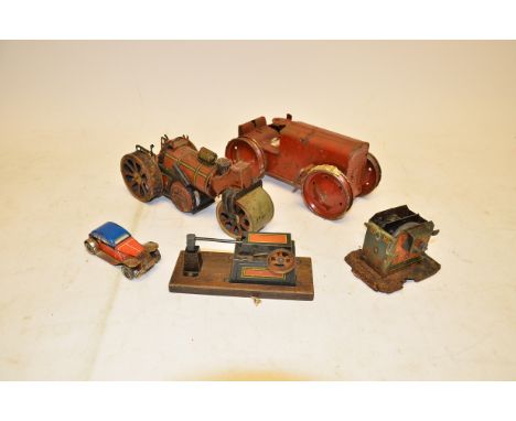 Tin Clockwork Toys, Triang No 2 tractor in red livery, German printed tin clockwork road roller, friction motor and power ham