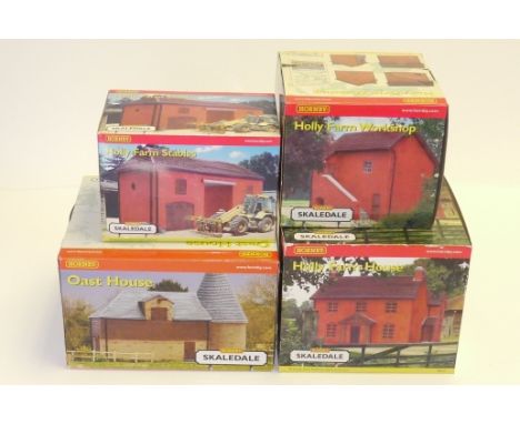 Hornby 00 Gauge Skaledale Holly Farm Buildings, Stables, Farm Hose, Farm Workshop and Oasthouse, all in original boxes, E, bo