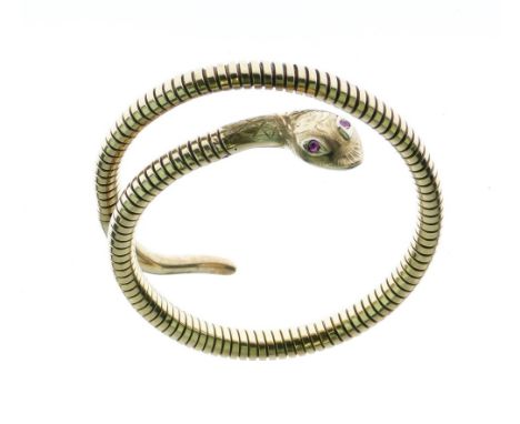 9ct gold snake or serpent bangle, with ruby-coloured red cabochon eyes, hallmarked beneath head and additionally stamped 'Ste