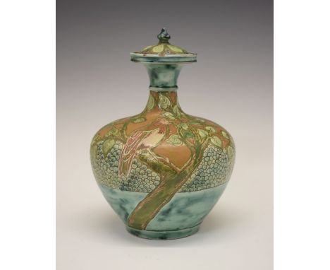 Lizzie (Liza) Wilkins for Della Robbia - Arts &amp; Crafts ovoid bottle vase and cover, sgraffito decorated with robins perch