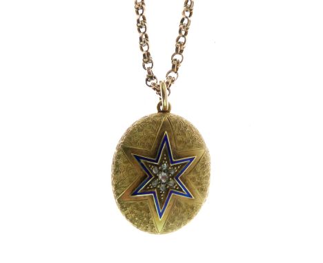 Judaica - Yellow metal, blue enamel and diamond-set oval locket, the hinged cover with blue enamel Star of David set central 