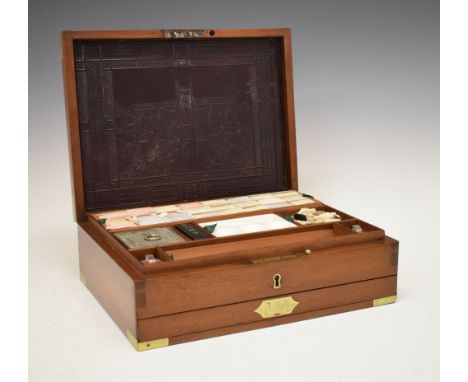 Good 19th Century artist's brass-bound mahogany box, Newman's Manufactory, the hinged cover with brass corners and central ca