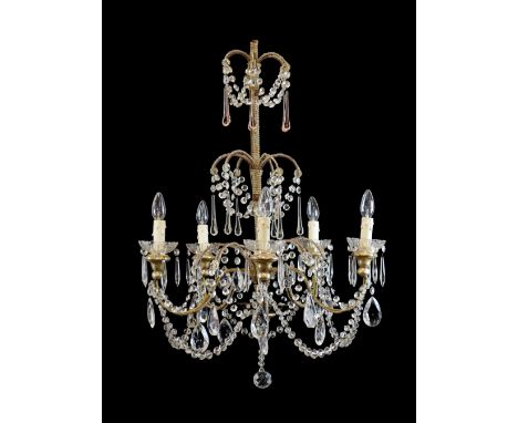 20th Century cut glass five-branch chandelier, with octagonal lustre swags, tear drop pendants etc, 60.5cm diameter x 91cm hi