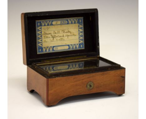 Small early 20th Century walnut-cased table-top musical box, the 6cm barrel and complete comb playing three airs detailed ben