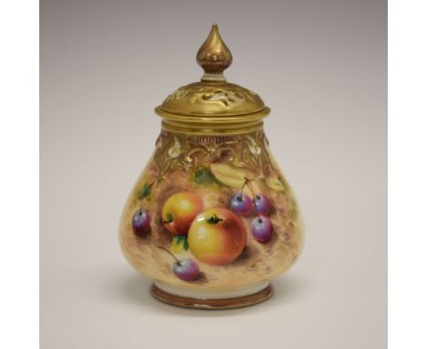 Mid 20th Century Royal Worcester porcelain pot pourri jar and cover, of lobed bulbous form decorated with apples and cherries