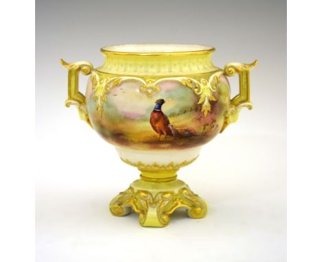 Edwardian Royal Worcester porcelain two-handled pedestal vase, decorated with a pheasant signed A.C. Lewis, within gilt-enric