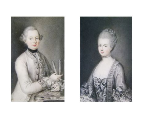 18th Century French School - Pair of portrait miniatures on paper, a gentleman engraver holding a compass over a polished sur