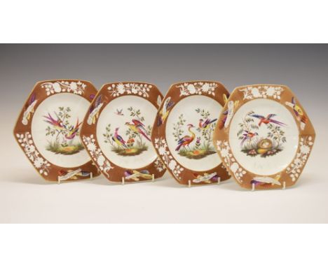 Set of four early 19th Century Spode porcelain dessert plates, each of hexagonal form decorated in the Worcester manner with 