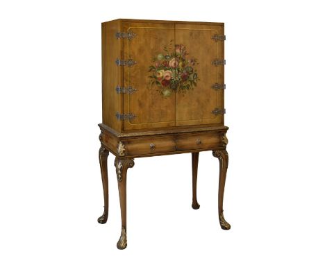 20th Century painted and gilded walnut cabinet on stand, in the 18th Century taste, the upper section decorated with a floral