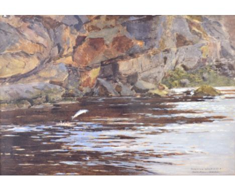 Norman Wilkinson RI (1878-1971) - Watercolour - 'The Rockpool, River Brora' (Scotland), depicting a leaping salmon, signed an
