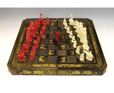 19th Century Chinese Canton carved ivory Chess set, red-stained and natural, the Kings 11.5cm high, together with a 19th Cent