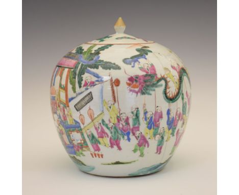 19th Century Chinese Canton Famille Rose porcelain jar and cover, of ovoid form decorated with figures beneath a pagoda, in d