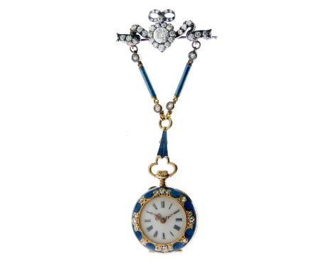 Lady's yellow metal, diamond and blue enamel pendant watch with necklace, circa 1900, the white enamel Roman dial within blue