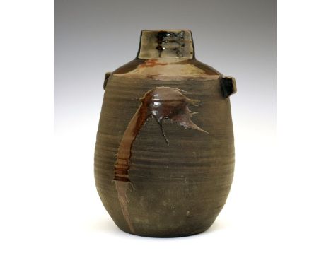 Janet Leach (1918-1997) - Rare large brown-glazed studio pottery stoneware vase, of bulging oval section with lug handles to 