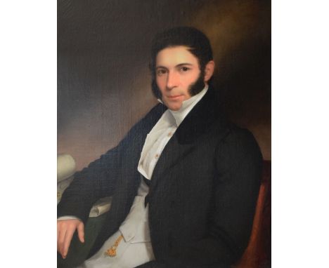 Antonio María Esquivel (Spanish 1806-1857) - Oil on canvas - Portrait of a Spanish merchant, a chart and compass visible by h