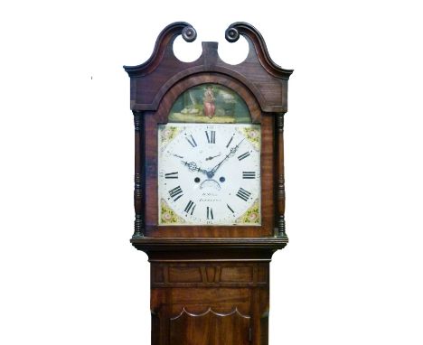 Second quarter 19th Century mahogany eight-day painted dial longcase clock, W. Wain, Alfreton (Derbyshire), the 13-inch break