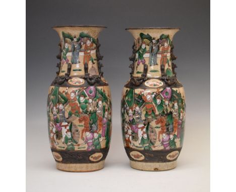 Pair of 19th Century Oriental Famille Rose crackleware vases, each of ovoid form with tall waisted neck, decorated in enamel 