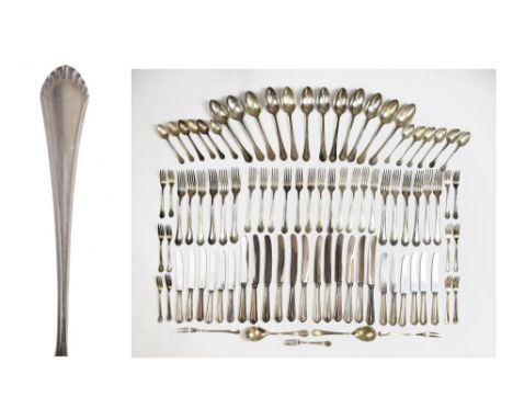 Set of 20th Century German white metal flatware comprising: twelve table knives, twelve table forks, twelve tablespoons, twel