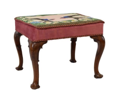 George III style walnut dressing stool, 19th Century, the later tapestry-covered rectangular seat on four scroll-back cabriol
