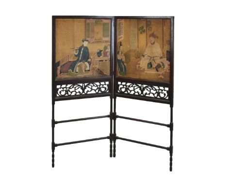 19th Century two-fold screen, decorated with panels of Chinese figures seated on terraces, both holding a pipe, a female, and