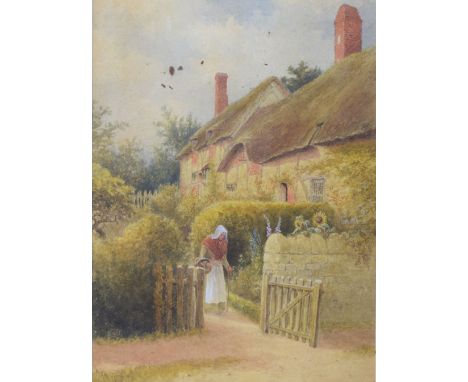 William Wells Quartremaine (Fl.1890-1908) -Watercolour - Elderly lady approaching the gate from a thatched cottage with summe
