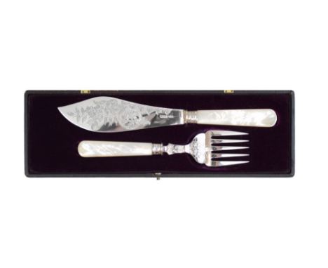 Edward VII cased set of silver and mother-of-pearl fish servers with engraved floral decoration, sponsors mark of John Dixon 