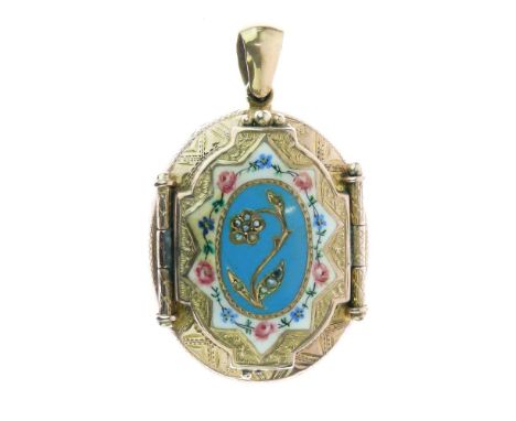 Victorian unmarked yellow metal and enamel mourning pendant, the hinged cover with blue and white enamel seed pearl decoratio