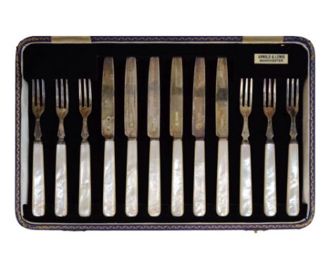 George V-George VI cased set of six silver and mother-of-pearl handled fruit knives and forks, sponsors mark of John Sanderso