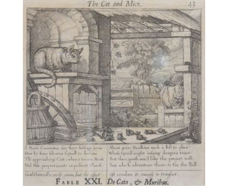 Francis Barlow - 17th Century etching - Fable XXI, 'Cat and Mice', from Aesop's fable, 17.5cm x 17cm, framed and glazed Condi