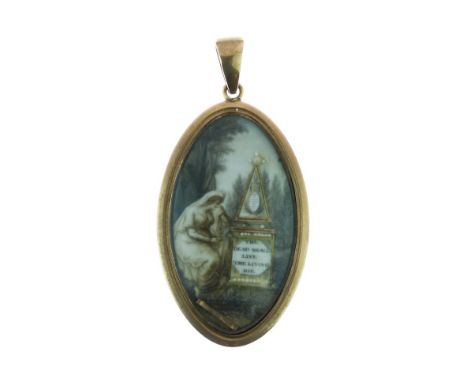 Early 19th Century yellow metal mourning pendant, the oval panel (probably ivory) painted in sepia tones with a widow seated 