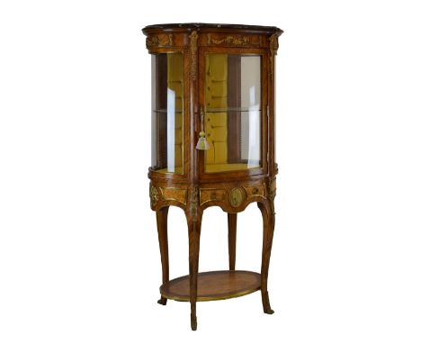 Good quality 20th Century gilt metal-mounted marble-top kingwood and burrwood oval vitrine or display cabinet on stand, the u