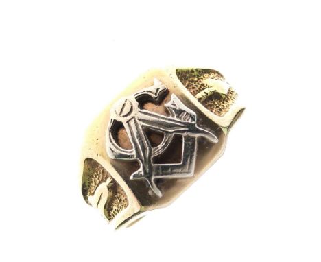 Masonic Interest - Yellow metal signet ring, the oblong field with set square and dividers motifs between bellflower-decorate