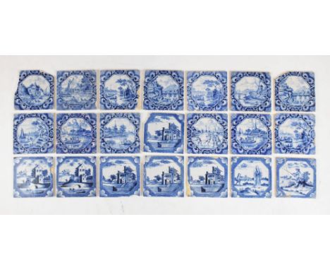 Group of twenty-two assorted 18th Century Delftware tiles, to include thirteen attributed to Sadler of Liverpool, all with oc