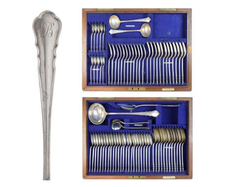 Edward VII canteen of silver Chippendale pattern flatware comprising: twelve table forks, fourteen tablespoons, twelve desser