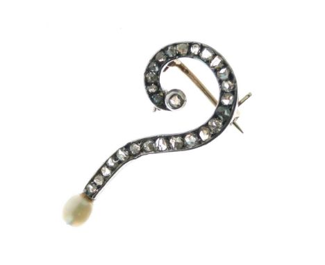 Unusual unmarked yellow metal, platinum and white stone brooch, formed as a question mark, the stones testing as white sapphi