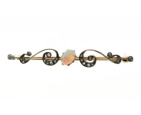 Unmarked yellow metal, opal and diamond bar brooch, set with central opal oval cabochon, approx 7mm long, between diamond-set