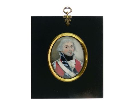 Early 19th Century portrait miniature on ivory, reputedly Simon Stewart, Kings Dragoon Guards, in uniform, the reverse with w