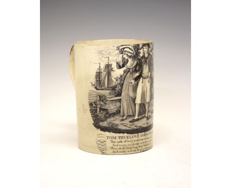 Rare George III transfer-printed creamware mug of large size, featuring a print after John Mollart entitled 'Tom Truelove Goi