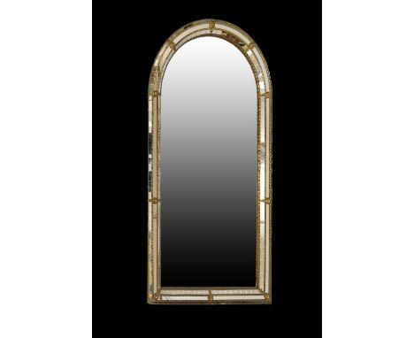 20th Century gilt metal-mounted pier or console mirror, of arched form with plain plate within raised border of small mirror 
