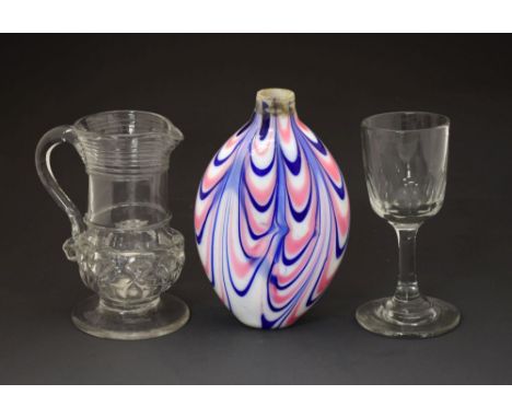 Three items of antique glass - Three-colour flask of 'Nailsea' type with pink, white and blue enamels festoons, 13.5cm long, 