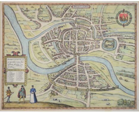 Antique coloured print - Map of Brightstowe (Bristol), having numbered key of the churches, the reverse with Latin script und