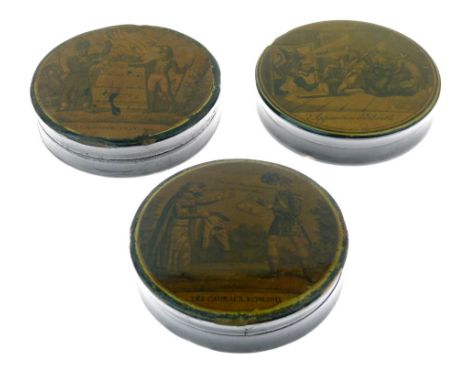 Erotica - Two mid 19th Century French black-lacquered papier-mâché circular boxes, the first 'Les Cadeaux Ecossois', enclosin